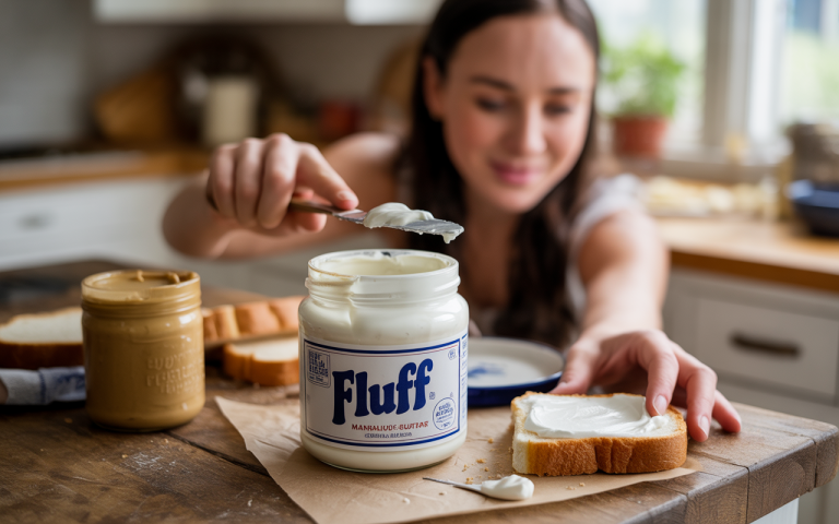 Une femme étale de la crème sur une tranche de pain, avec un pot de crème Fluff et du beurre de cacahuète à côté.