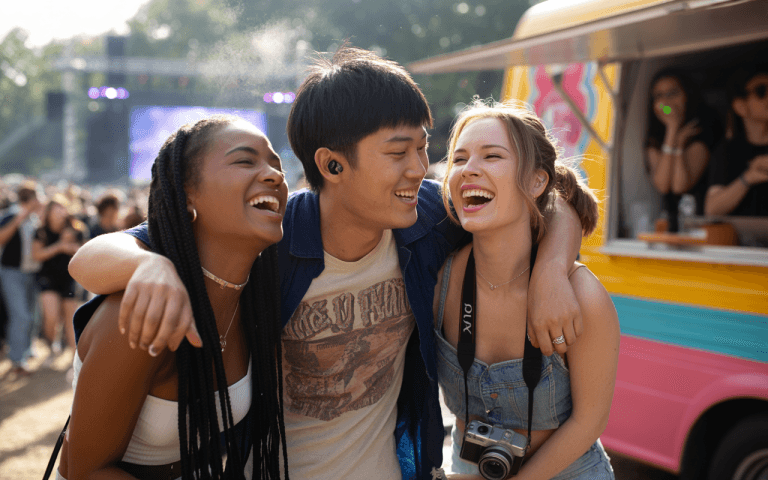 Trois amis rient ensemble lors d'un festival en plein air, avec une scène et un food truck coloré en arrière-plan.
