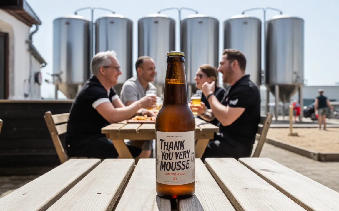 Bouteille de bière "Thank You Very Mousse" en premier plan, avec des amis s'amusant au soleil derrière des cuves de brassage.