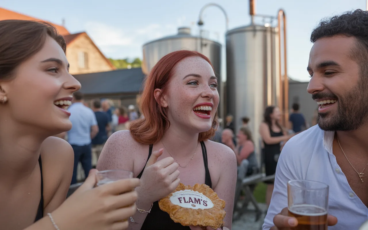Trois jeunes adultes rient ensemble en plein air, tenant des boissons et une spécialité culinaire, avec des cuves en arrière-plan.