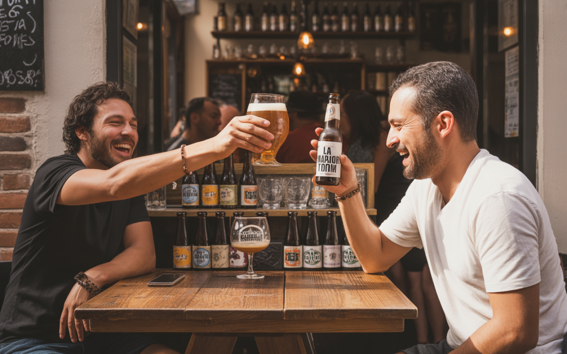 Deux hommes rient et trinquent avec des verres de bière sur une table en bois, entourés de bouteilles de bière.