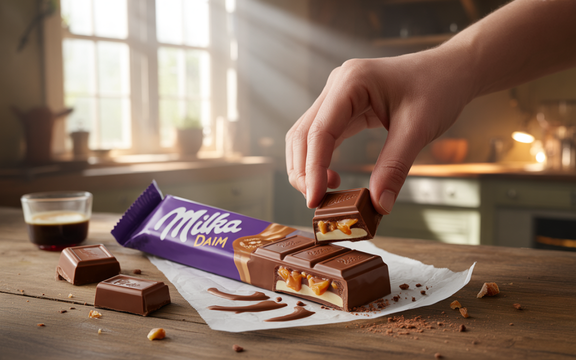 Main tenant un carré de chocolat Milka Daim, avec un fond de cuisine lumineuse et une tasse de café.