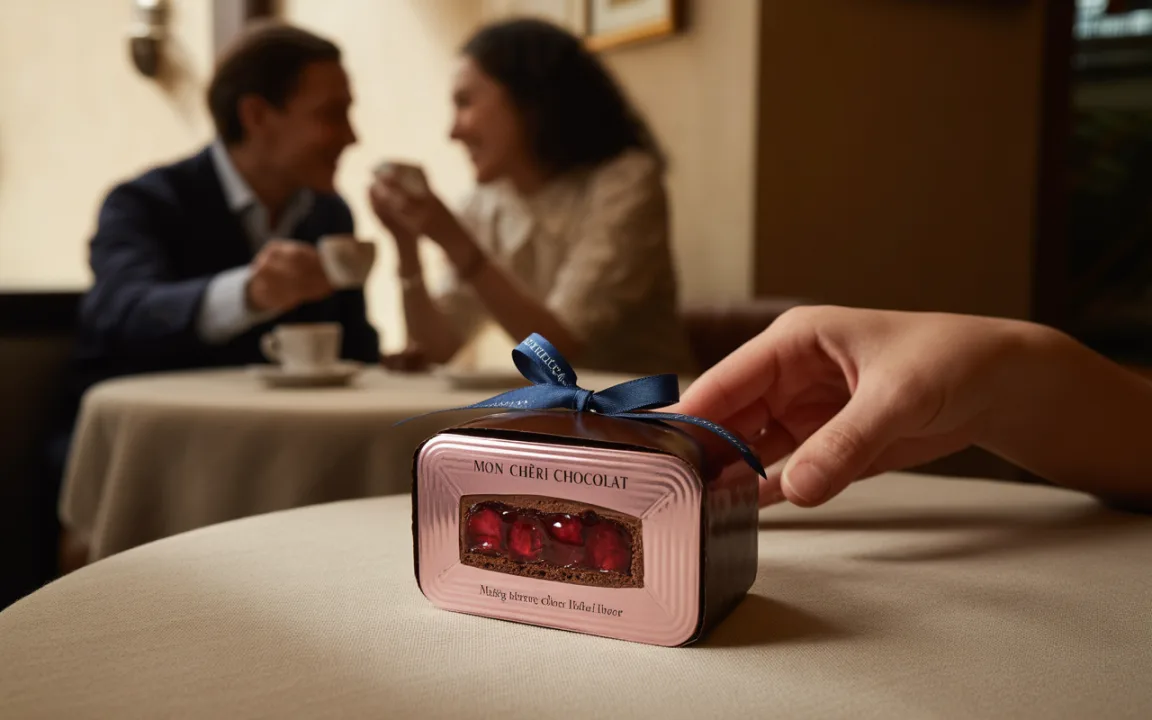 Une boîte de chocolat "Mon Chéri" avec un ruban, posée sur une table, pendant qu'un couple partage un moment.