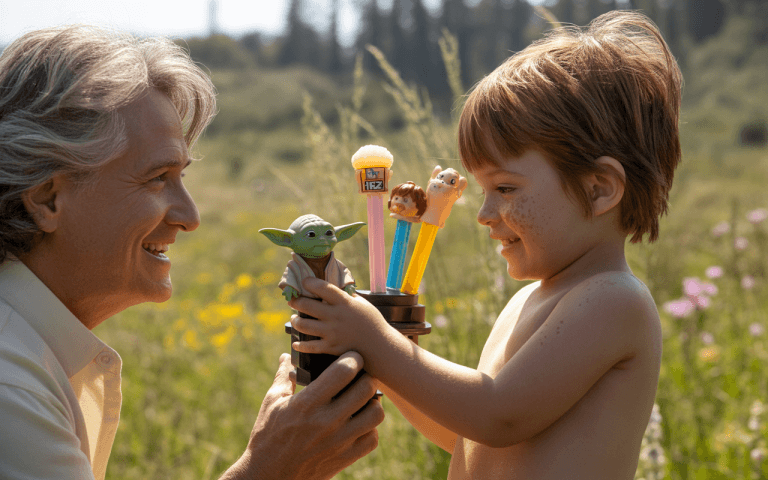 Un enfant souriant montre des figurines à un adulte dans un champ fleuri pendant une journée ensoleillée.