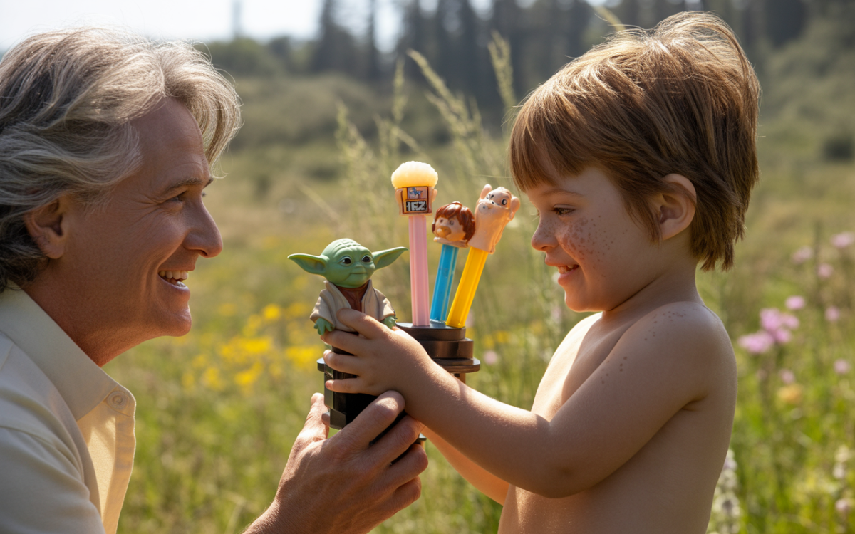 Un enfant souriant montre des figurines à un adulte dans un champ fleuri pendant une journée ensoleillée.