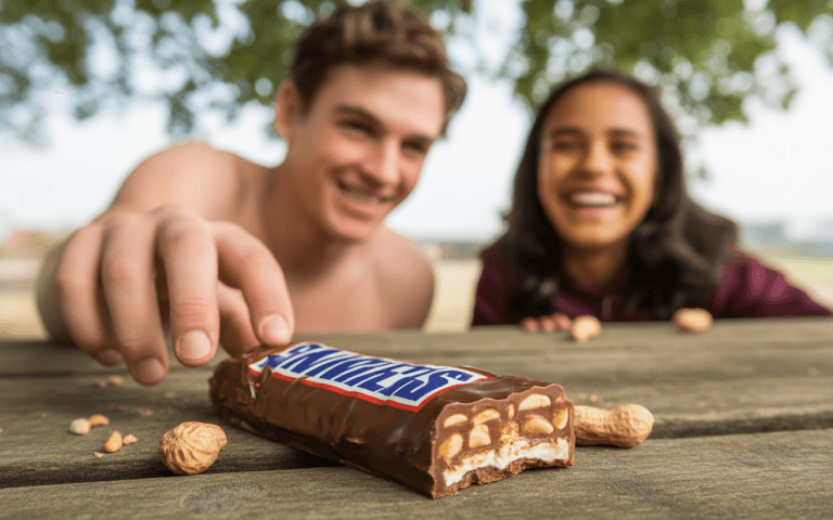 Un garçon et une fille rient en partageant une barre Snickers sur une table en bois, entourés de cacahuètes.
