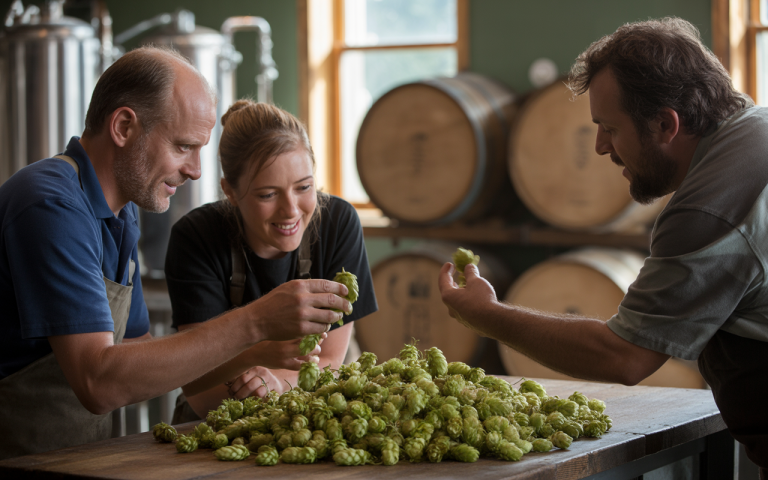 Trois personnes examinent des cônes de houblon sur une table, dans une brasserie avec des barriques en arrière-plan.
