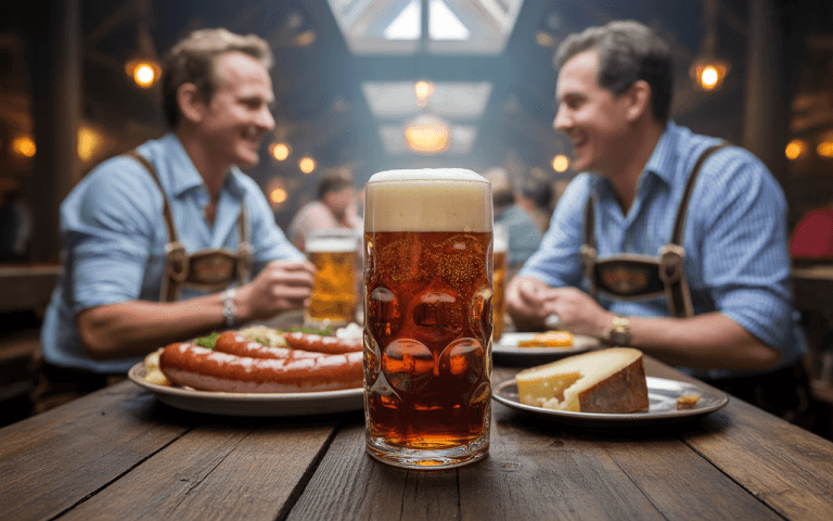 Deux hommes souriants, vêtus de tenues traditionnelles, dégustent des saucisses, du fromage et de la bière dans une ambiance conviviale.