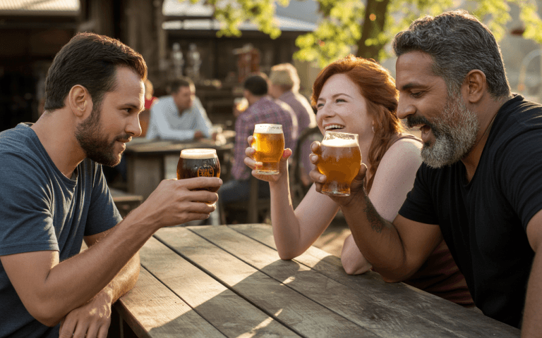 Trois amis rient et portent des verres de bière, assis autour d'une table en bois, sous un arbre.