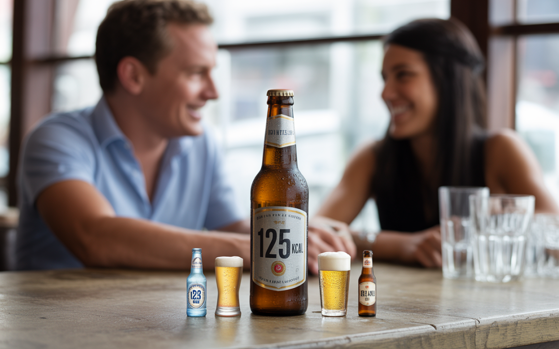 Bouteille de bière avec des verres miniatures, deux personnes souriantes en arrière-plan, ambiance conviviale dans un café.