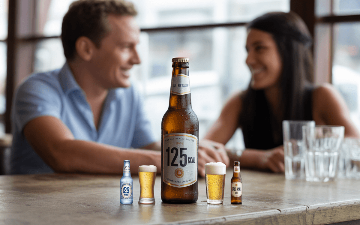 Bouteille de bière avec des verres miniatures, deux personnes souriantes en arrière-plan, ambiance conviviale dans un café.