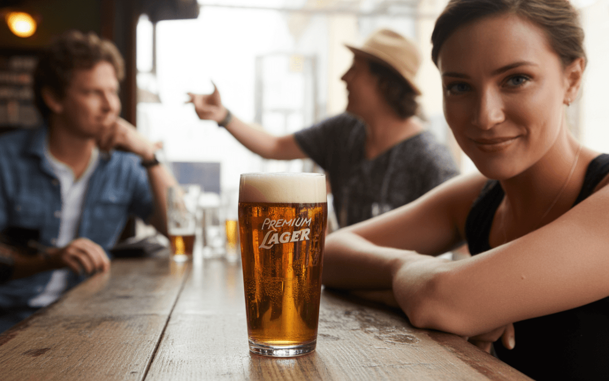 Un groupe d'amis dans un bar, avec une femme souriante devant une pinte de bière blonde. Ambiance décontractée.