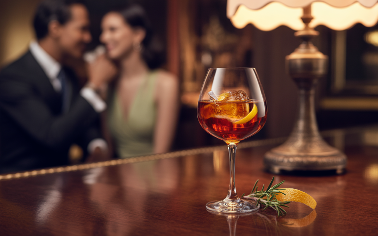 Un verre de cocktail avec glaçons et une tranche de citron au premier plan, avec un couple flou en arrière-plan, dans une ambiance élégante.