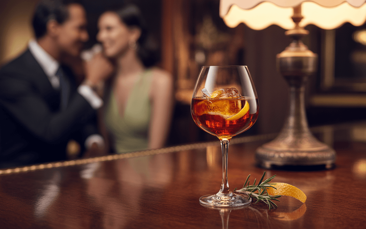 Un verre de cocktail avec glaçons et une tranche de citron au premier plan, avec un couple flou en arrière-plan, dans une ambiance élégante.