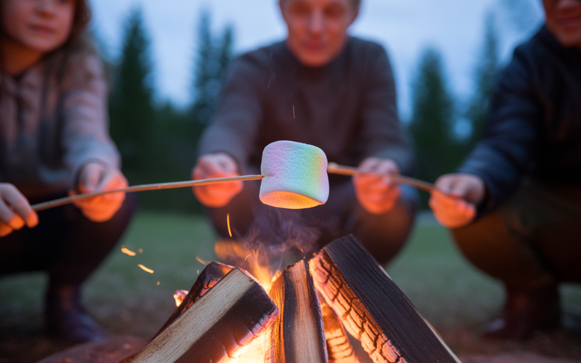 Personnes rassemblées autour d'un feu de camp, grillant des marshmallows au crépuscule, ambiance chaleureuse et conviviale.