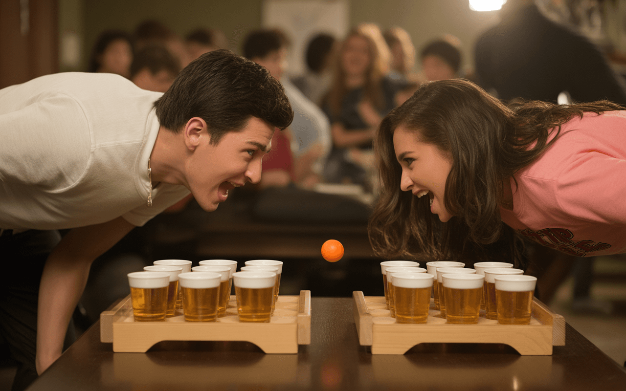 Deux personnes s'affrontent dans un jeu, se penchant sur une table avec des gobelets, une balle orange au centre.