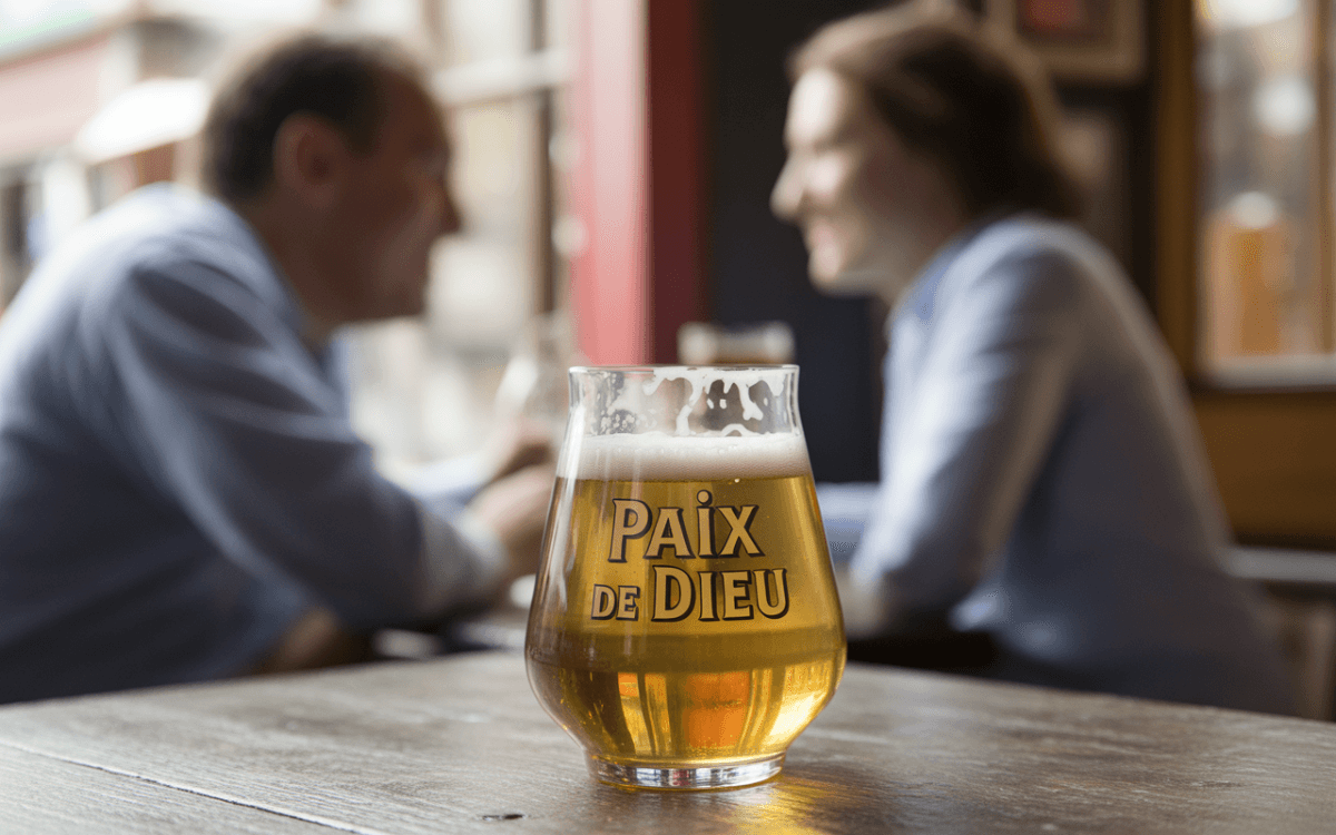 Un verre de bière "Paix de Dieu" sur une table, flou en arrière-plan, avec deux personnes en train de discuter.