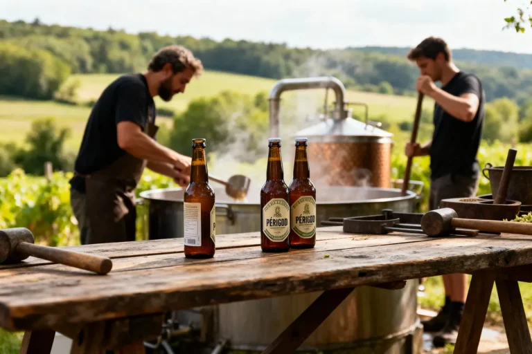 Deux hommes brassant de la bière artisanale en plein air avec bouteilles sur une table en bois.