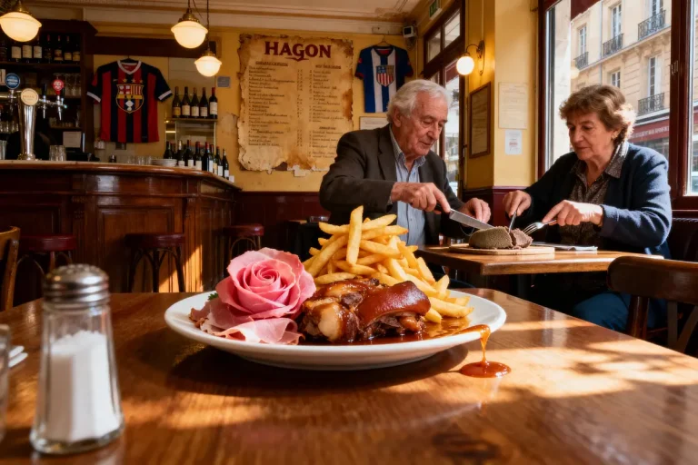 Un couple âgé dîne dans un restaurant, plat de viande et frites en avant-plan.
