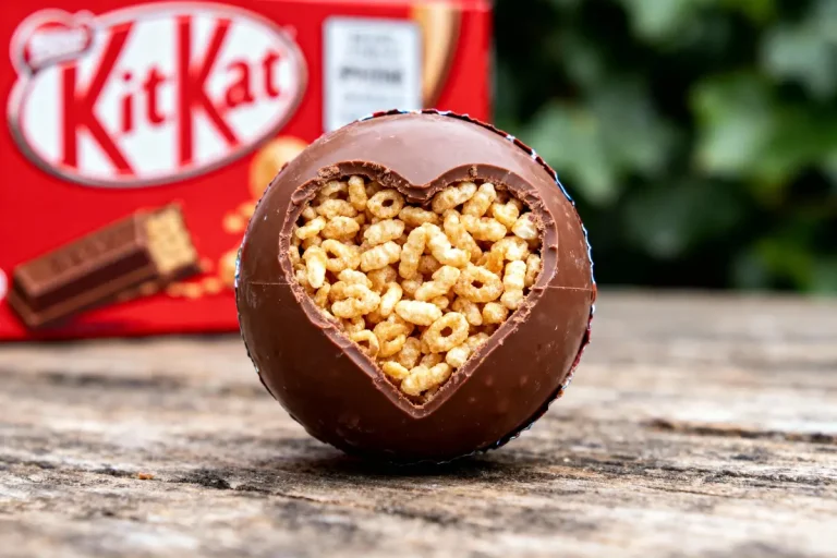 Boules de chocolat ouvertes montrant des céréales, avec emballage KitKat en arrière-plan, sur une table en bois.
