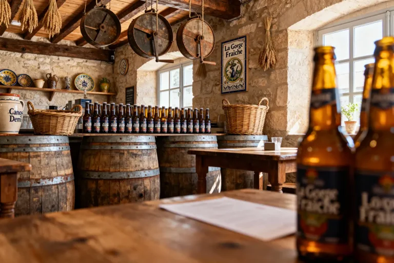Salle rustique avec bouteilles de bière, tonneaux, paniers et décorations en bois et blé suspendu, lumière naturelle.