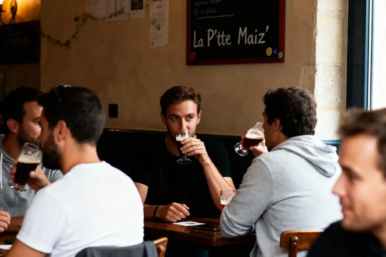 Groupe d'hommes buvant de la bière dans un café chaleureux nommé "La Pt'te Maiz'".