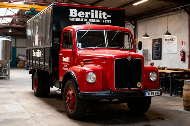 Camion Berilit rouge dans une brasserie artisanale, avec tonneaux et équipement industriel en arrière-plan.
