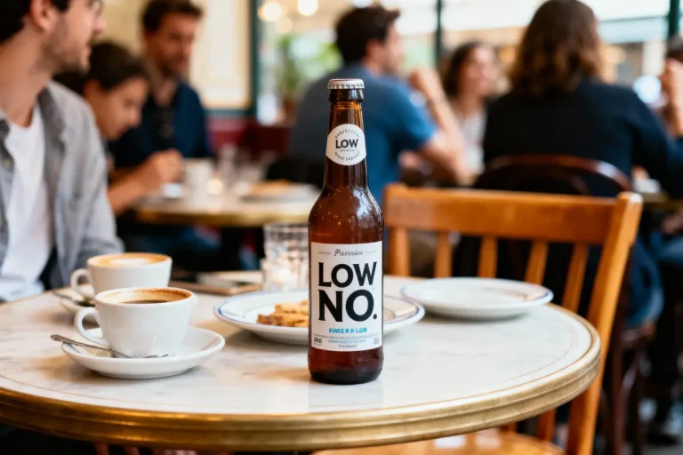 Bouteille de boisson Low No posée sur une table de café, clientèle en arrière-plan floue.