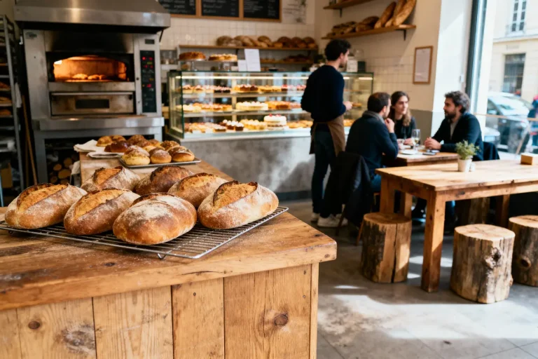 Boulangerie avec pains, clients assis, comptoir de pâtisseries, ambiance chaleureuse et conviviale, intérieur en bois.
