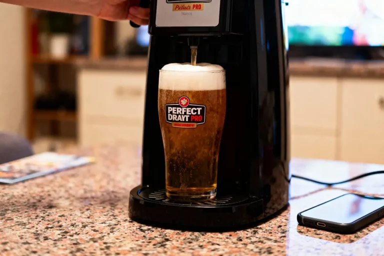 Un verre de bière est servi avec une machine Perfect Draft Pro sur un comptoir en granit.