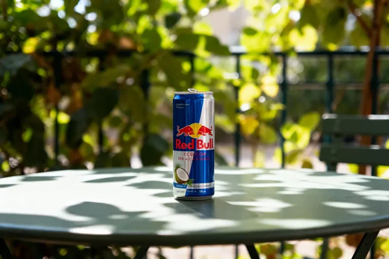 Canette de Red Bull sur table, avec feuillage en arrière-plan flou.