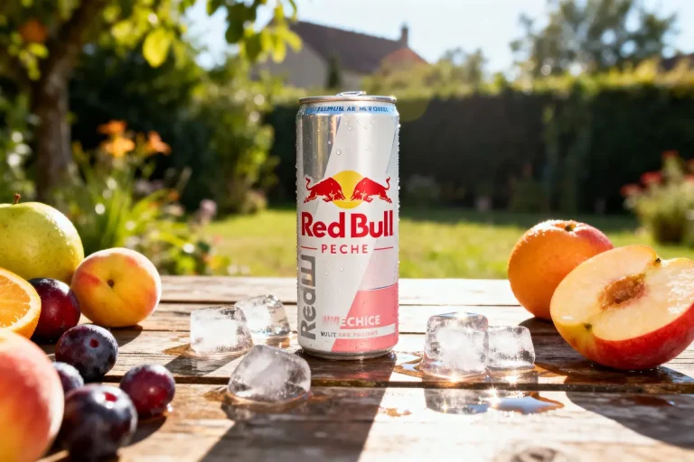 Canette Red Bull saveur pêche, fruits variés, glaçons, posés sur table en bois, jardin en arrière-plan.