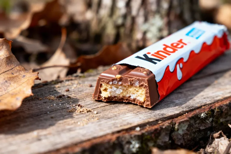 Barre chocolatée Kinder entamée sur une surface en bois avec feuilles mortes autour.