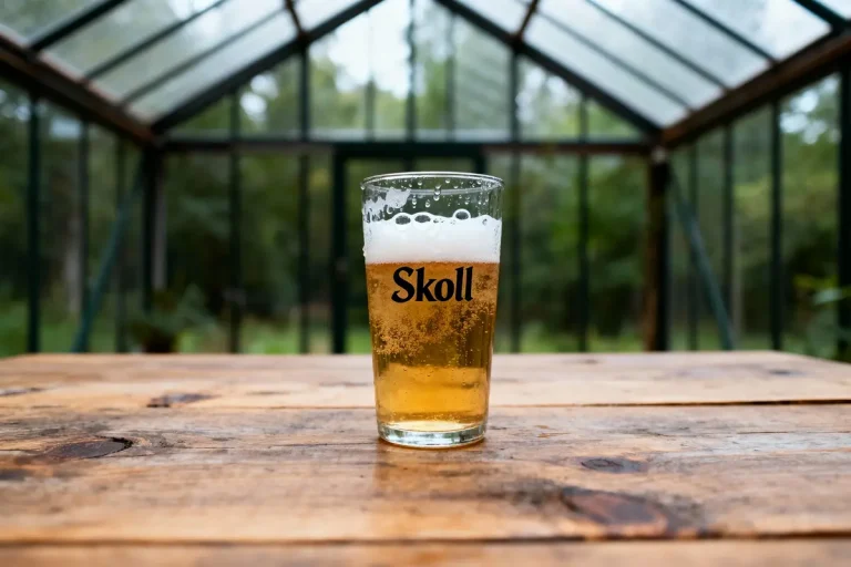 Verre de bière avec mousse sur table en bois, arrière-plan de serre vitrée verdoyante.