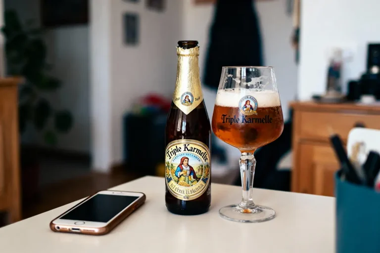 Bouteille et verre de bière Tripel Karmeliet sur table, avec smartphone à côté. Intérieur flou en arrière-plan.