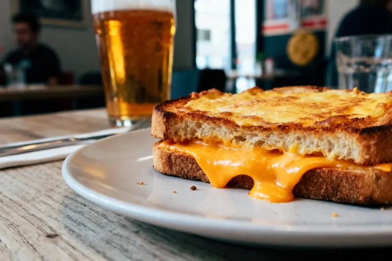 Croque-monsieur au fromage fondant sur assiette blanche, verre de bière en arrière-plan, ambiance café décontractée.