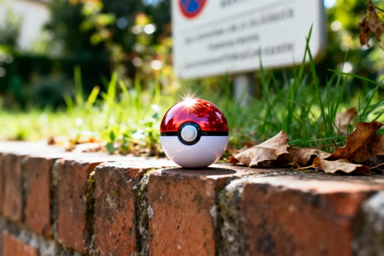 Pokéball brillante sur muret en briques, herbe et feuilles d'automne autour. Panneau flou en arrière-plan.