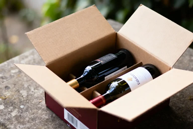 Deux bouteilles de vin rouge dans une boîte en carton ouverte sur une surface en pierre.