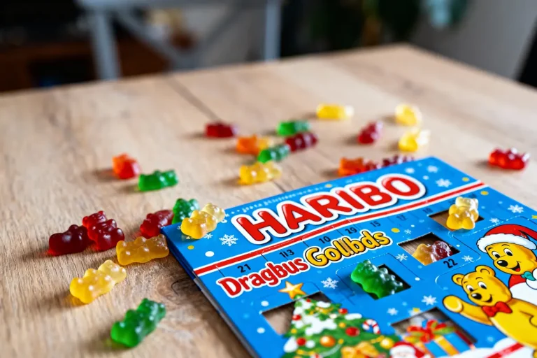 Calendrier de l'Avent Haribo avec bonbons gélifiés colorés en vrac sur une table en bois.