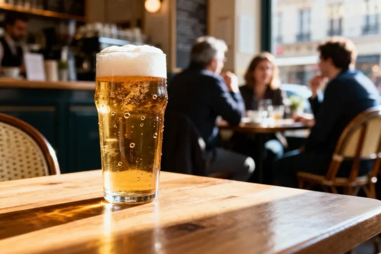 Verre de bière pétillante sur une table en bois, groupe flou en arrière-plan dans un café.
