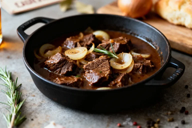 Plat de bœuf braisé aux oignons et romarin dans une casserole en fonte noire.