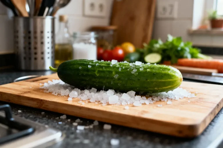 Concombre sur planche en bois, sel, arrière-plan cuisine flou, légumes et ustensiles visibles.