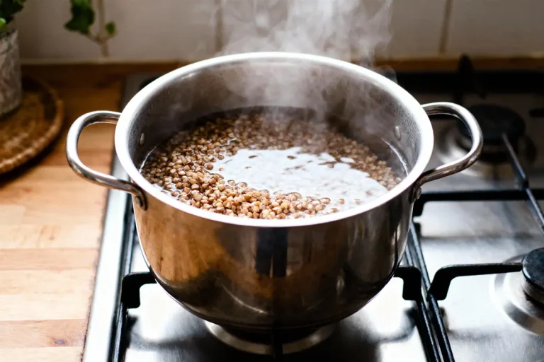 Casserole bouillante sur cuisinière avec sarrasin en cuisson, vapeur visible, plan de travail en bois.