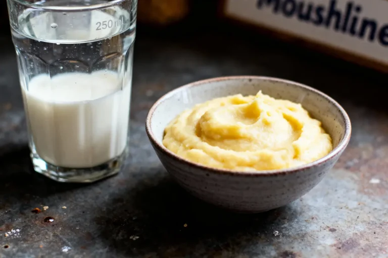 Un verre de lait et un bol de purée sur une table sombre.