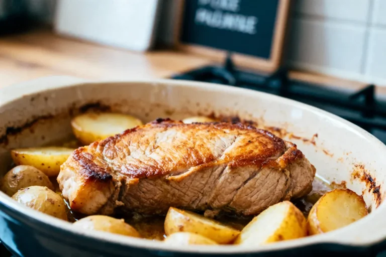 Rôti de viande dorée avec pommes de terre dans un plat en céramique, sur une cuisinière.