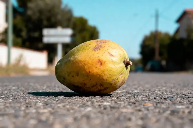 Gros plan d'une poire jaune-verte posée sur une route goudronnée, arbres et ciel en arrière-plan.