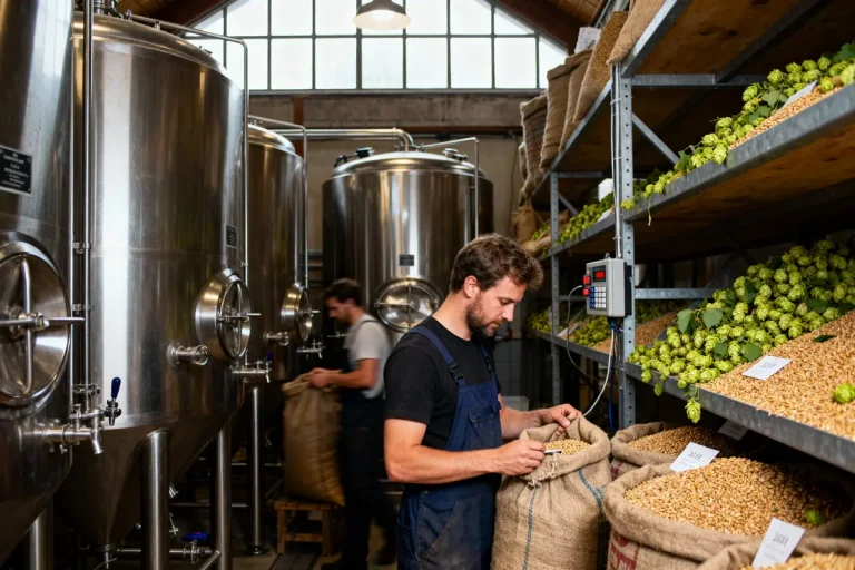 Homme en salopette inspectant des sacs de grains dans une brasserie avec cuves en acier inoxydable.