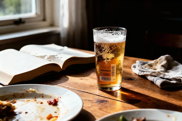 Verre de bière, livre ouvert, assiette sale et torchon sur une table en bois éclairée par le soleil.
