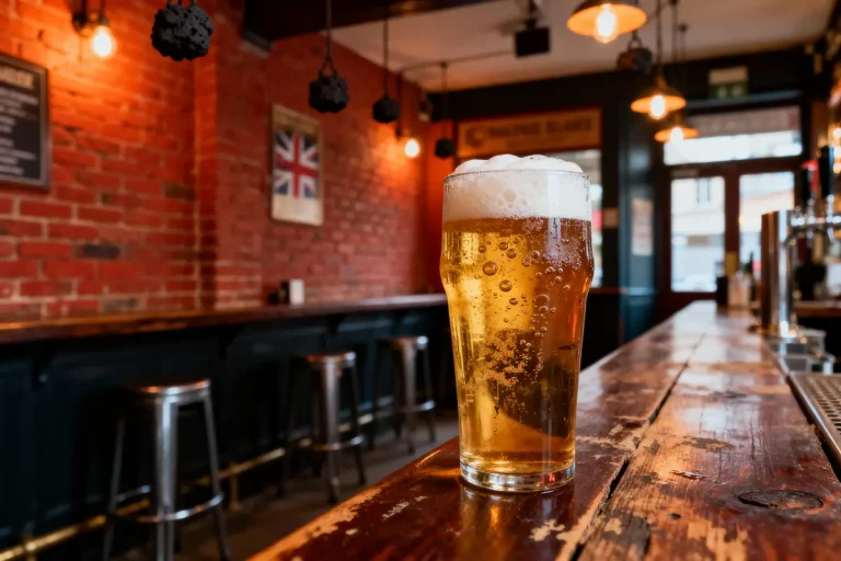 Verre de bière pétillante sur un comptoir en bois, intérieur de pub britannique avec mur de briques rouges.