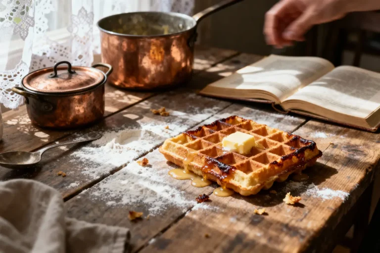 Gaufre avec beurre et sirop sur table en bois, casseroles en cuivre et livre ouvert à côté.